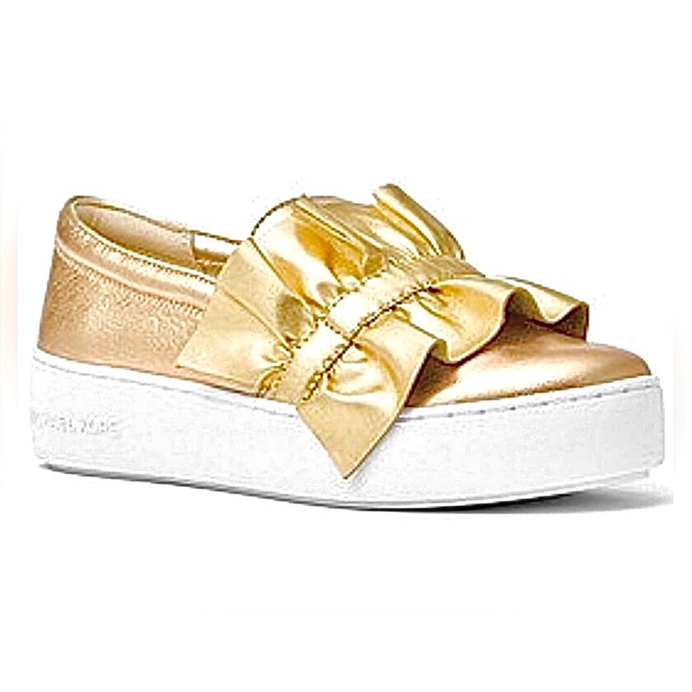 Michael Kors New Bella Sip on Ruffle Metallic Leather Platform Flats - Picture 15 of 17